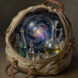 universe  inside ampoules and alambics in a surreal ancient doctor's bag, intricated detailed, soft painting, depth of field, trending on artstation