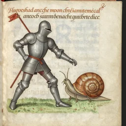 1 4 th century manuscript marginalia, illustration of a knight fighting a snail