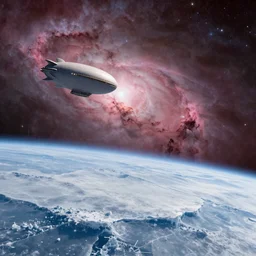 Ice-covered planet with a quiet, deep, rose-colored nebula in the background, a medieval dirigible passing through the starry sky, matte painting, digital 2D, 4k, 8k renders, concept art
