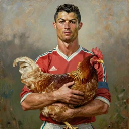Cristiano ronaldo holding a chicken, oil painting from the 1980s