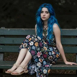 dslr photo of a pretty young woman with blue hair, sitting on a bench wearing a flower skirt, and body and wearing hemp sandals and a very detailed faerie necklace around neck, artgerm, artstation, very high quality face, extremely high quality, moody lighting, real camera, real photo, photography by deviantart, 8 k, full subject in shot