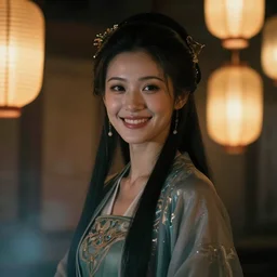 portrait of a woman smiling, hyper-realistic, lanterns on background, light leak on foreground, mysterious, fantasy, artstation, artgerm style