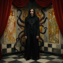 extremely detailed movie shot closeup portrait of a dark bizarre figure standing in the corner of a checkerboard checkerboard room by denis villenueve, arnold bocklin, lovecraft, amano, alphonse mucha, franz von stuck, tentacles, dynamic composition, rich moody colours, red drapes, 8 k, volumetric lighting