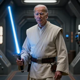 Joe Biden as a Jedi knight, standing in a spaceship corridor. He has a blue lightsaber in his hand, and the light from it illuminates the scene. Industrial light and magic. Filmic. Heavy atmosphere. Photorealism.