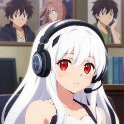anime visual of a cute girl, with + ( ( red eyes ) ) + long white hair + ( ( wearing a headset in her room interior ) ), poster by yoh yoshinari, ilya kuvshinov, makoto shinkai, katsuhiro otomo
