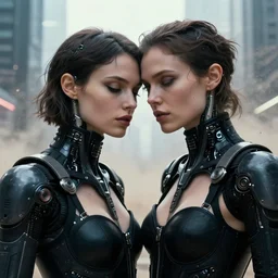 cinestill 5 0 d photographic portrait by helen levitt of two loving female cyborgs wearing sexy black techwear in a brilliant cyberpunk city, extreme closeup, modern cyberpunk, dust storm, 8 k, hd, high resolution, 3 5 mm, f / 3 2, ultra realistic faces, intricate detail, ex machina