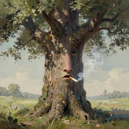 matt painting of an old tree that has two eyes and a nose, open mouth, it's smoking a cigarette, in high detail, fantasy illustration by angus mcbride, trending on artstation