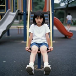 A long-shot from front, color outdoor photograph portrait of a girl is playing on the playground street, ambient lighting, 1990 photo from Japanese photograph Magazine.