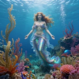 a photorealistic detailed image of a beautiful vibrant iridescent underwater seascape of full of colorful aquatic plants and goddess of the sea, spiritual science, divinity, utopian, by david a. hardy, hana yata, kinkade, lisa frank,