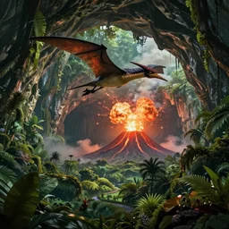 lush prehistoric jungle cave, exploding volcano, flying pterodactyl, washed out colors, professional, master level composition, volumetric lighting, haze, sunset, photorealistic