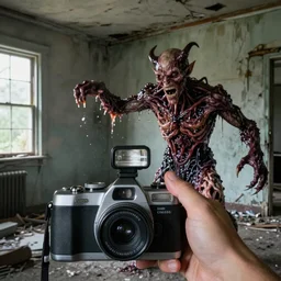 a disposable vintage camera photograph with camera flash of a male demonic creature made of slimy oozy meat and veins inside an abandoned house attacking the pov, photo - realistic, render octane, concept art, film, dslr