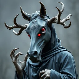 an ominous haunting horse mask with many red eyes and twisting antlers figure wearing a black robe, ( ( ( ( with hands ) ) ) ), full figure, statue