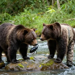 as bear grylls and eats a fat beetle near a mountain river in the jungle