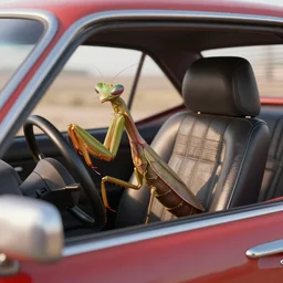 a huge praying mantis in a driver's seat of a barbecue grill car, cinema 4 d render, 4 k, detailed, clear look, shadows