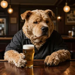 Bullseye mascot Bully sitting at the bar of an English pub with a half drunk pint of ale. He looks sad and dejected by carravagio dramatic light