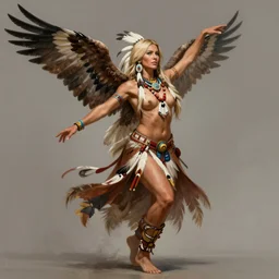 artistic image of a confident and mature looking dancing eagle woman, doing a sundance, beautiful blue eyes and and blonde hair, perfect fit body, lakota sioux art by artgerm and greg rutkowski and magali villeneuve, highly detailed, digital painting, trending on artstation, concept art, sharp focus, illustration, masterpiece by lee jeffries