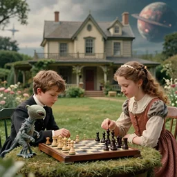 sharp, highly detailed, 1024k film, 700mm film still from a sci fi blockbuster color movie made in 2019, set in 1860, of a boy and a girl playing chess with their small pet humanoid alien creature, in the garden of a house on an alien planet, are all wearing 1860s era clothes, cinematic lighting, in focus, 350mm f/1.4L lens