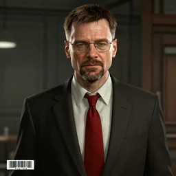 Screenshot of Walter White as Agent 47 in the Hitman 2016 video game, red tie, bar code