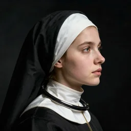 a young woman's face in profile, astronaut nun, in the style of the dutch masters and gregory crewdson, dark and moody
