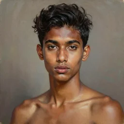 A portrait of a thin trendy and gorgeous non-binary person, dark skin tone, Indian, oil painting, majestic, detailed, high resolution