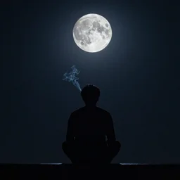 man sitting at night smoking and looking at the moon with his back to the camera, dark, hyper realistic, epic, octane render, trending
