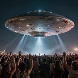 photograph of huge mothership UFO flying saucer hovering over a dancing crowd, crowd arms raised, spotlights shining down, atmospheric, hyper realistic, 8k, epic composition, cinematic, photography by Carr Clifton & Galen Rowell, DeviantArt, Flickr