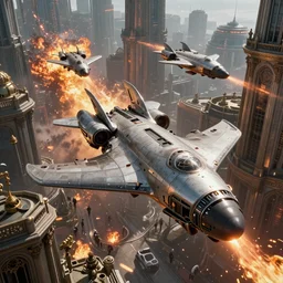 squad of futuristic bombers, bombing a baroque cyberpunk city, explosions and fire, macro perspective, hypermaximalistic, high details, cinematic, 8k resolution, beautiful detailed, insanely intricate details, artstation trending, octane render, unreal engine