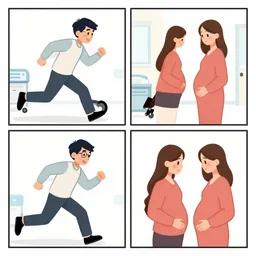 a four-panel comic about a man rushing to the hospital, looking for his pregnant wife