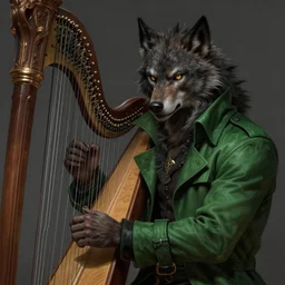 picture of male werewolf bard, green trenchcoat, big harp, high fantasy, highly detailed, detailed faces, smooth, sharp focus, chiaroscuro, dnd, digital painting, concept art, rossdraws and moebius and jon mcnaughton