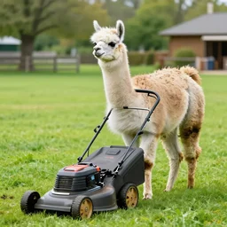 llama using a lawn mower to mow the lawn, pushing a lawn mower, llama pushing