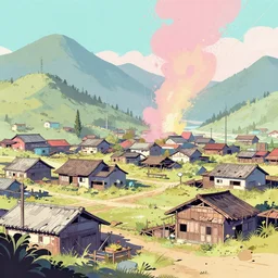photo the last us part 2 abandoned japanese rural mountain town, pixiv fanbox, dramatic lighting, maximalist pastel color palette, splatter paint, pixar and disney exploded - view drawing, graphic novel by fiona staples and dustin nguyen, peter elson, alan bean, wangechi mutu, clean cel shaded vector art, trending on artstation