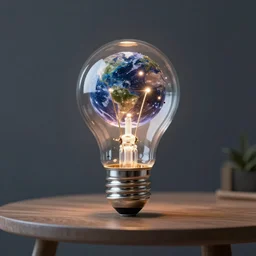 a light bulb on top of a table with a full miniature universe inside it, digital art