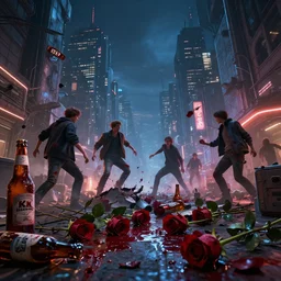 chaotic and crazy scene. dystopia city at night, smashed beer bottles, blood - stained red roses, and the crushed roses fell to the ground, 4 k, unreal engine, light effect, by seb mckinnon, artstation