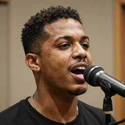 close - up of a brazilian man with light brown skin singing into an overhead mic, in a studio with light brown walls, photograph, album art