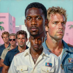 an oil painting portrait of crockett and tubbs in eighties miami vice, ultra realistic, highly detailed faces, true to life, 8 k, masterpiece, cinematic by frank frazetta, greg rutkowski, beeple, yoko taro, christian macnevin, beeple, wlop, krenz cushart, epic character art, volumetric lighting, pink white turquoise