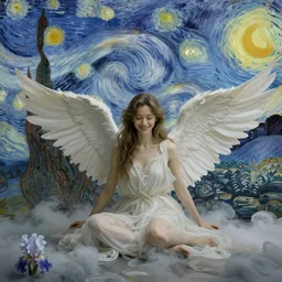 fallen angels by karol bak and ruan jia and vincent van gogh, smiling, moody neutral pastels, iris van herpen visionary dreams, symbolism, james jean spiral clouds, imagination, daydreams and nightmare