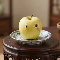 eye level wide angle view ( golden delicious ) apple is on small intricately designed china serving dish. the dish is on top of expensive end table, the apple has a cute worm pokes its head out, superior detail, bokeh, digital art, hq 8 k 4 k, product lighting, studio lighting, digital art.