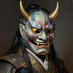 baroque neoclassicist portrait of a cyberpunk retrofuturistic japanese warrior wearing an oni mask. iridescent and reflective textures. highly detailed science fiction painting by norman rockwell, frank frazetta, and syd mead. rich colors, high contrast, gloomy atmosphere. trending on artstation and behance.