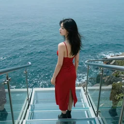 cyberpunk girl wearing a red dress, standing on glass stairway looking down into the ocean