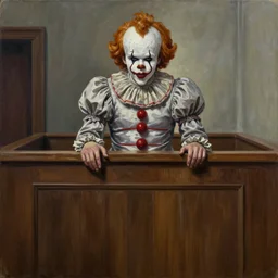 pennywise in court over homicide charges. full body. oil on canvas. intricate. 8 k. highly professionally detailed. hdr. cgsociety