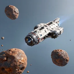 spaceship flying between asteroids ultra realistic art artstation