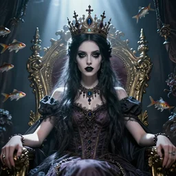 highly detailed closeup portrait of a goth fairy princess wearing a crown and sitting on a throne, nicoletta ceccoli, mark ryden, lostfish, earl nore, global illumination, god rays, detailed and intricate environment