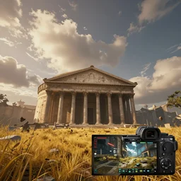 8 k resolution | trending on artstation | digital art | mixed media | unreal engine 5 | evening sunlight | ambient occlusion | sony fx 6 | cinematic muddy light | ambient occlusion | fantasy | volumetric clouds | yellow dry grass | pantheon!! | splitgate!! portal walls gameplay trailer | screenshot