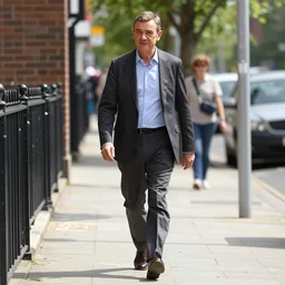 mr. bean walks down a street on a sunny day