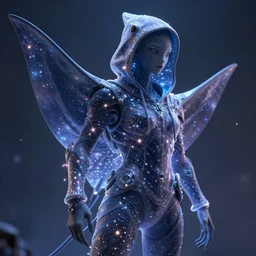cgi hyperintelligent ethereal manta ray druid from beyond the stars, wearing a massive magically imbued ethereal hoodie, with fairy lights inside the fabric like shimmering stars, cgi, proper anatomy, sci fi fantasy, ultrarealism, pixar, trending on artstation
