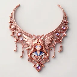 a Maximalism beautiful detailed necklace made of rose gold glowing in sparkles with heavenly notes Neo Rococo, highly detailed sailor moon aesthetic, fantasy, intricate, elegant, highly detailed, digital painting, artstation, concept art, matte, sharp focus, illustration, Artgerm and Greg Rutkowski and Alphonse Mucha