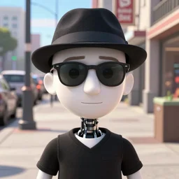 pixar sci - fi movie still close - up portrait photo of bald white young cyborg man wearing a black v - neck shirt, black ray - bans, black fedora, large nose : : sidewalk in sf, facing the camera : : by greg rutkowski, wlop, rossdraws, artgerm, weta, marvel, unreal engine, bright morning, : :