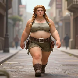 a chubby dwarven woman walking in city streets, by johan grenier, fantasy artwork, secret of mana, intricate braided hair, short plump figure, smooth, centered, ultradetailed, 8 k, hd