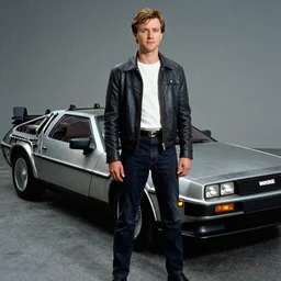 marty mcfly is in front of a delorean time machine, style of Geof Darrow