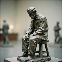sculpture of an old man sitting on a stool by philippe faraut, bokeh, soft light, film grain